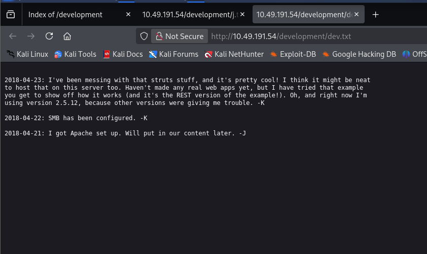 dev.txt: K and J's dev log, confirming SMB is configured