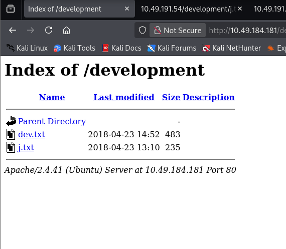 Directory listing for /development showing dev.txt and j.txt