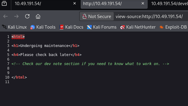 Page source revealing the HTML comment about a dev note section
