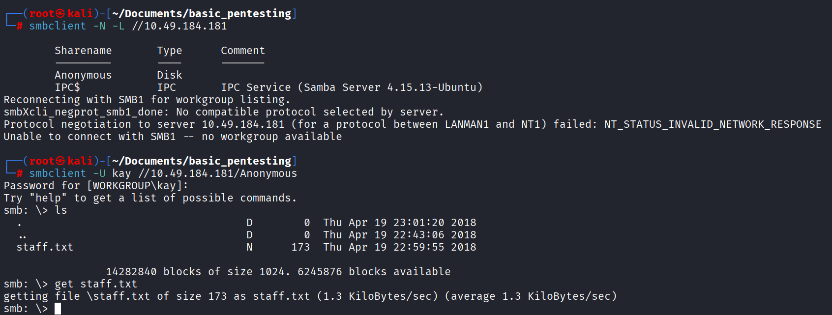 smbclient listing the Anonymous share and pulling staff.txt