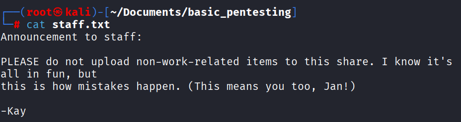 staff.txt: Kay calling out Jan for uploading non-work files