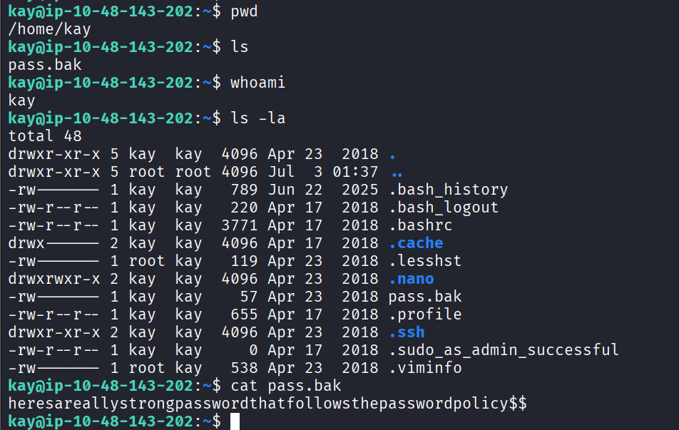 cat pass.bak revealing the box's final password