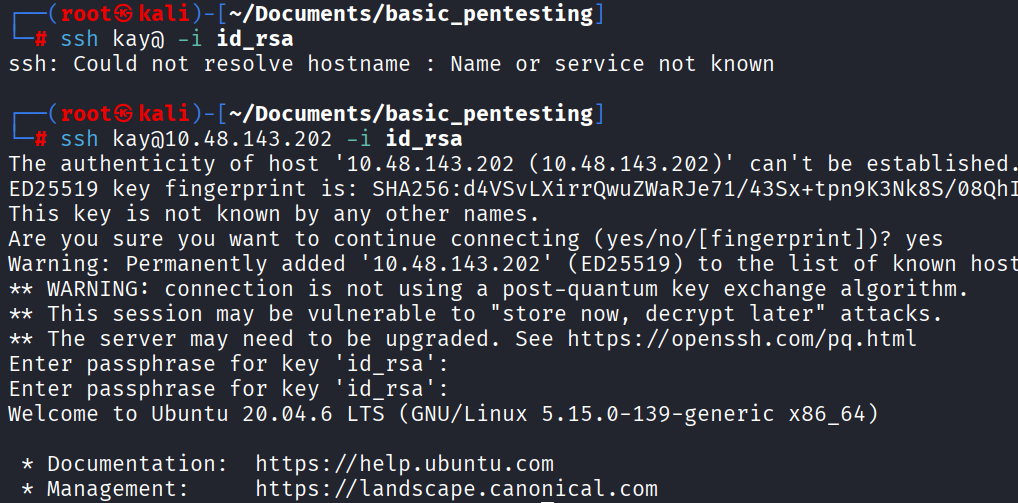 Logged in over SSH as kay using the cracked key