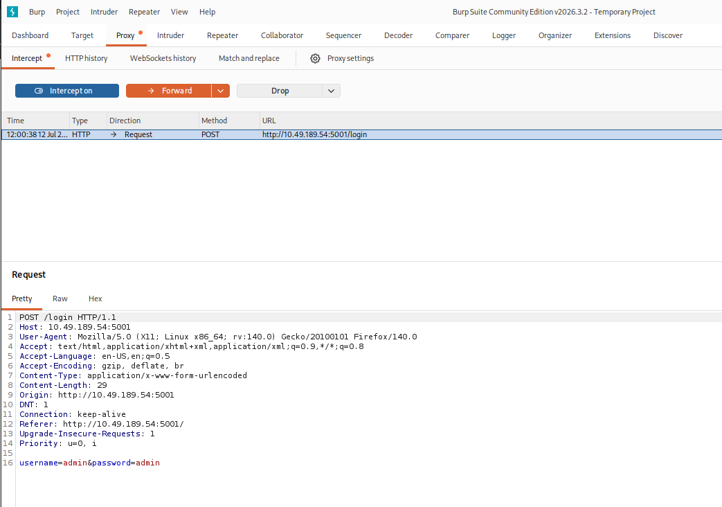 Burp Suite intercepting a POST /login request with username=admin&password=admin