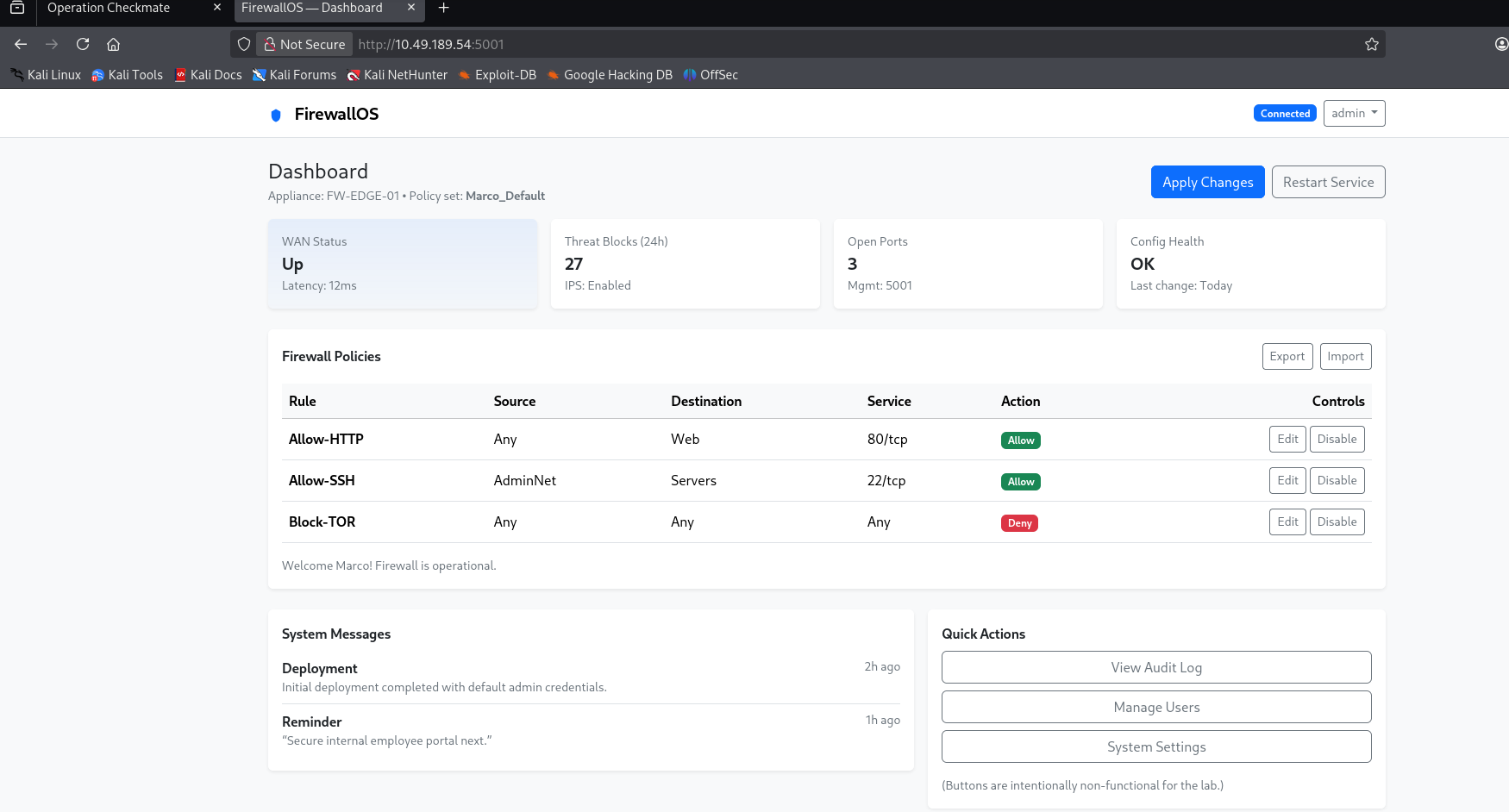 FirewallOS dashboard after logging in as admin, showing firewall policies and a "Secure internal employee portal next" reminder