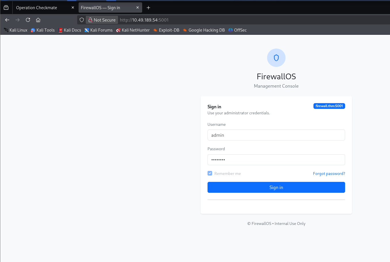 FirewallOS sign-in page with the admin username pre-filled and a masked password field