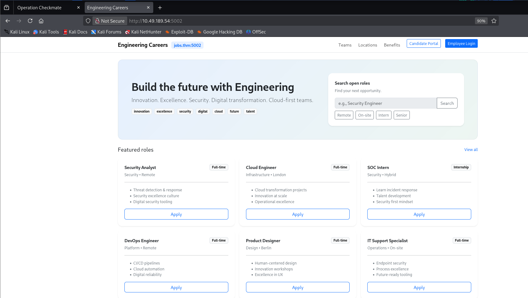 Engineering Careers homepage on jobs.thm, listing featured roles and company keyword tags like innovation, excellence, and security