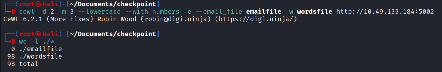 CeWL crawling jobs.thm two links deep and saving 98 words to a wordlist