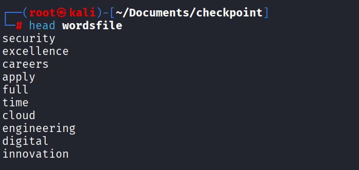 First lines of the CeWL-generated wordlist: security, excellence, careers, apply, and more
