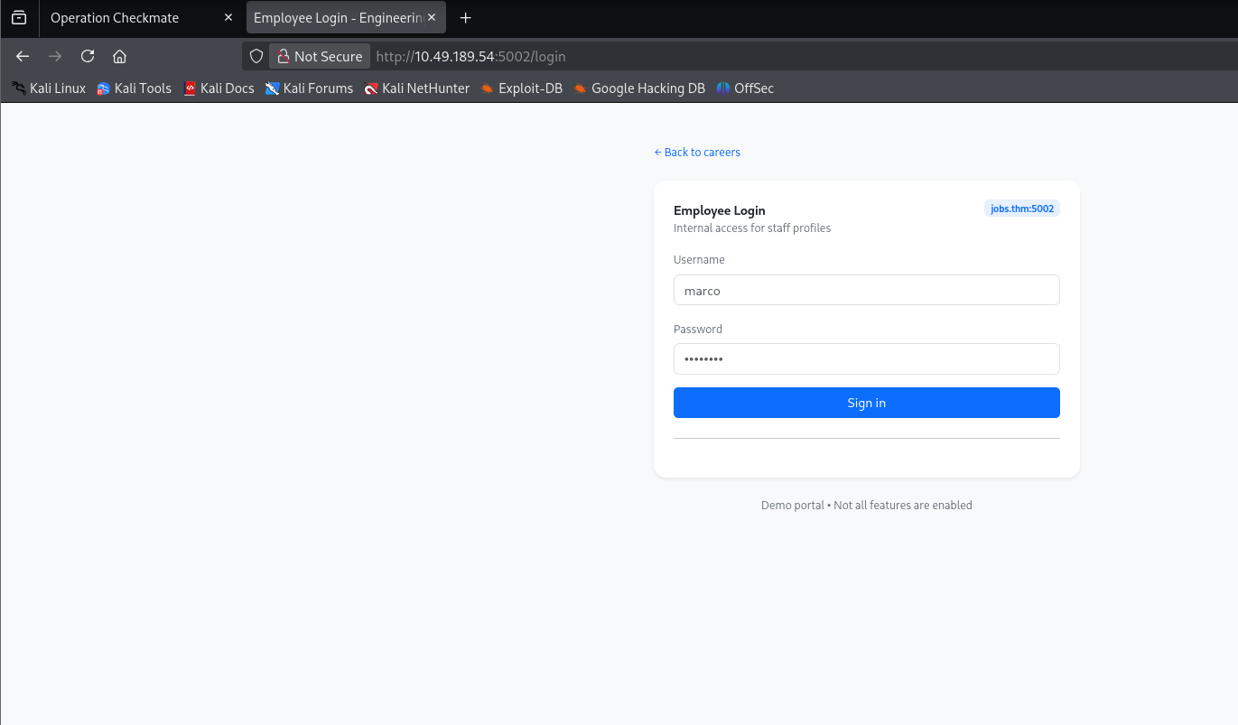 Employee Login form with the username pre-filled as marco and a masked password field