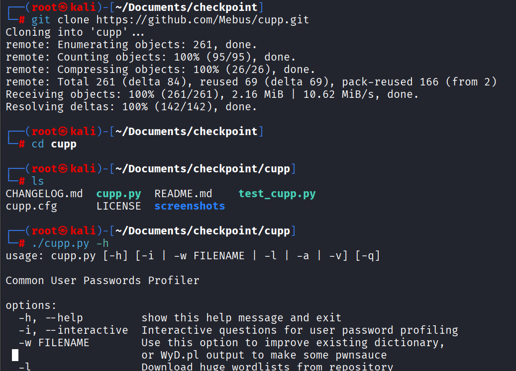 Cloning cupp from GitHub and starting it in interactive profiling mode