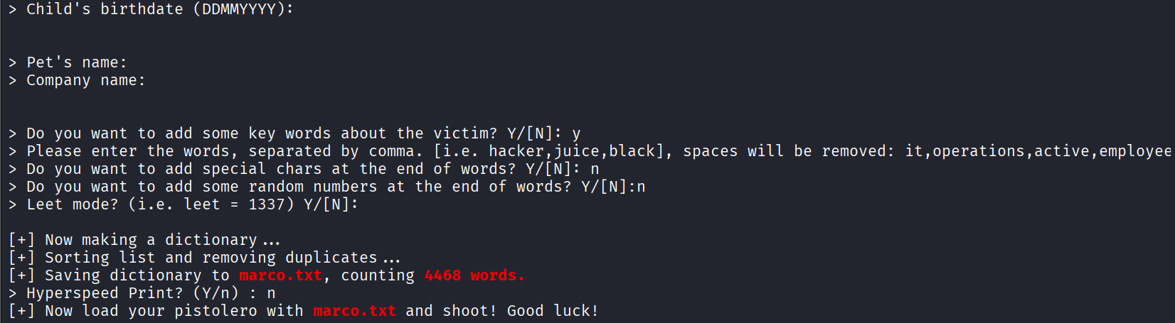 cupp finishing and saving a 4,468-word dictionary to marco.txt