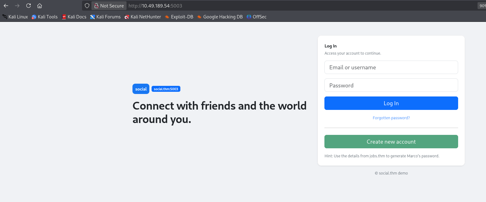 social.thm login page with the hint "Use the details from jobs.thm to generate Marco's password"