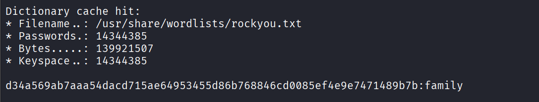 hashcat cracking the SHA256 hash to recover the original filename "family"