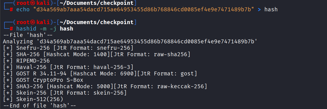 hashid identifying the hash as SHA-256, Hashcat mode 1400