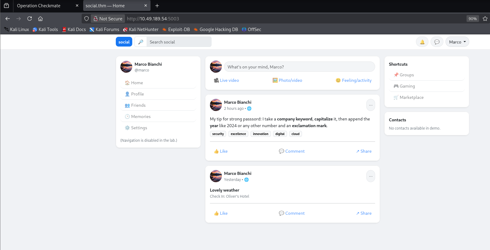 Marco's post: "My tip for strong password: I take a company keyword, capitalize it, then append the year like 2024 or any other number and an exclamation mark"