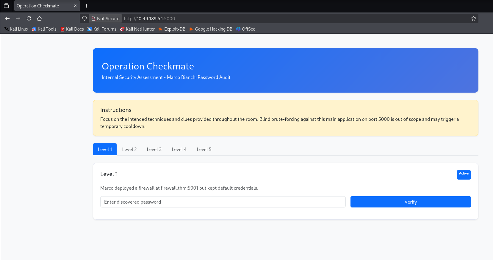 Operation Checkmate landing page, framed as an internal password audit of Marco Bianchi, with Level 1 selected