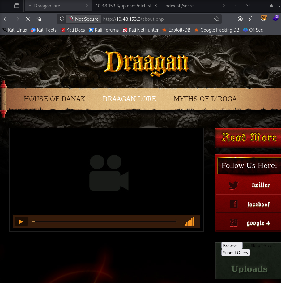 about.php page rendered in the browser with a file upload form