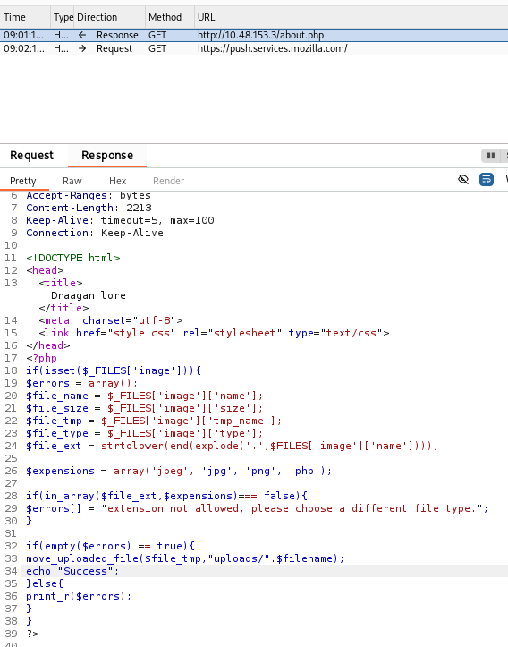 Burp Suite response tab showing the leaked PHP source of the upload handler