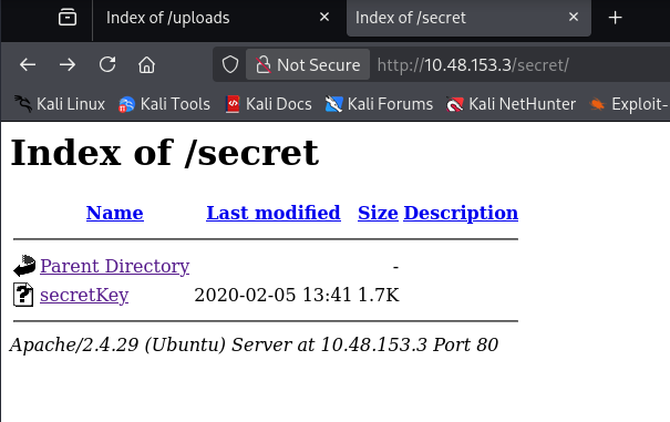 Directory listing for /secret/ showing a single file, secretKey