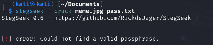 stegseek --crack against meme.jpg failing to find a valid passphrase