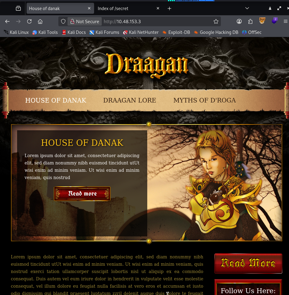 Home page of the target site, a fantasy game landing page called Draagan