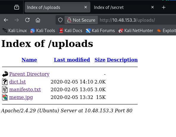 Directory listing for /uploads/ showing dict.lst, manifesto.txt, and meme.jpg