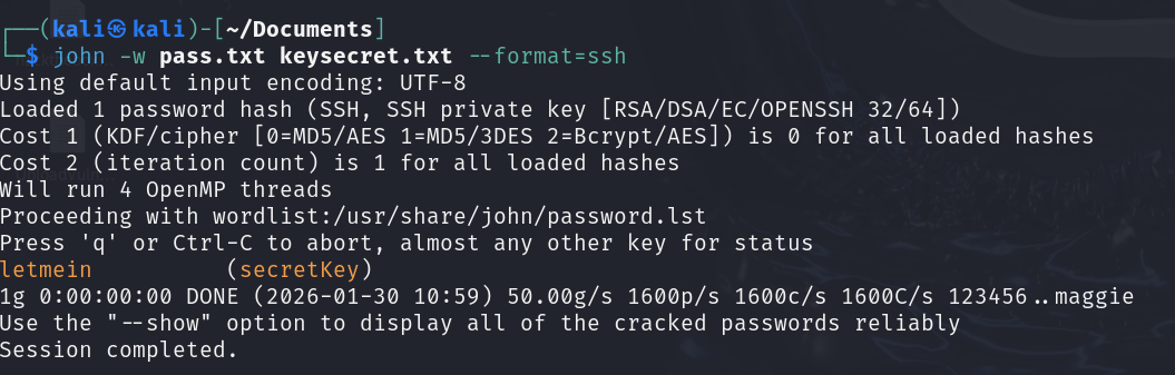 john cracking secretKey's passphrase as "letmein"