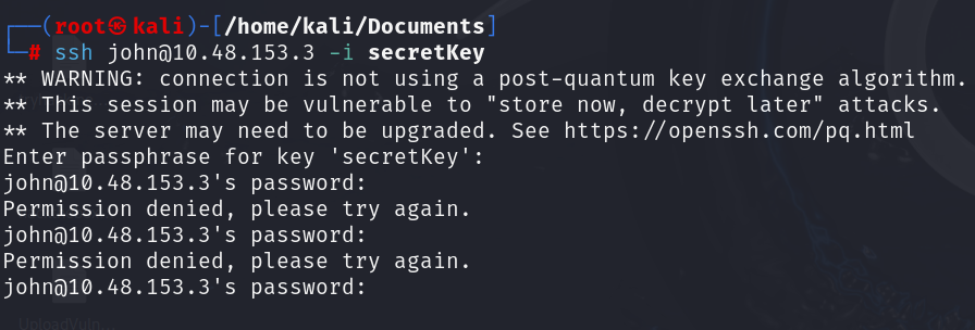 SSH repeatedly rejecting the passphrase for secretKey