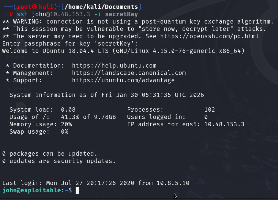 Logged in over SSH as john, dropped to a shell prompt
