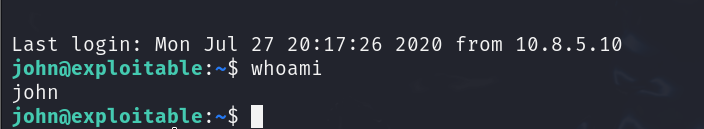 whoami confirming the shell belongs to john