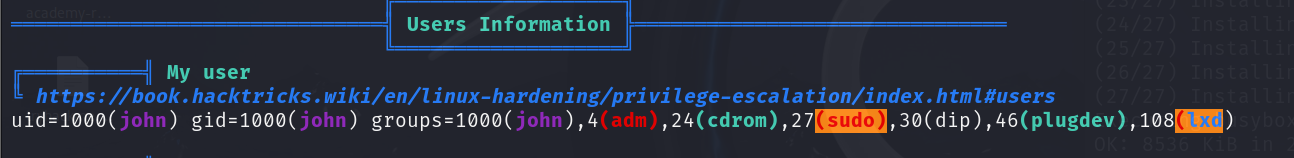 linpeas highlighting john's sudo and lxd group membership
