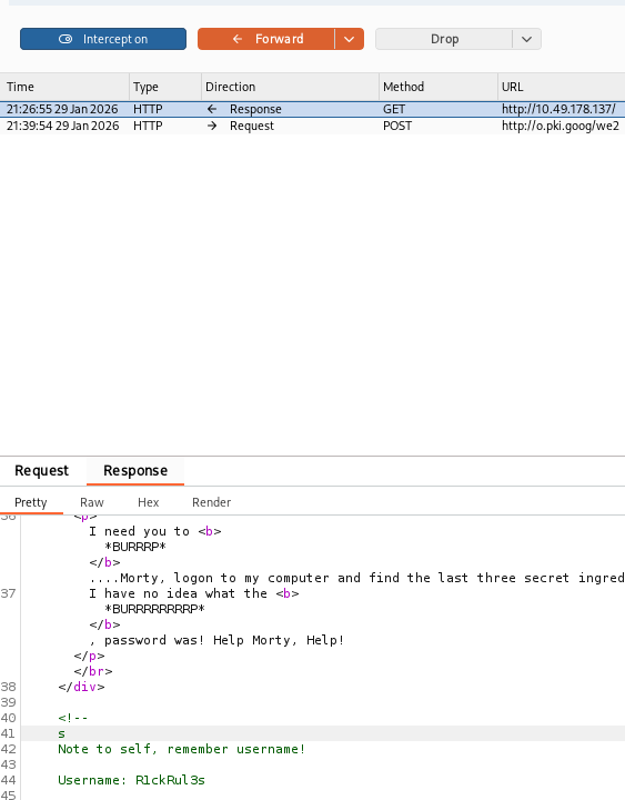 Burp response tab showing the HTML comment with Username: R1ckRul3s