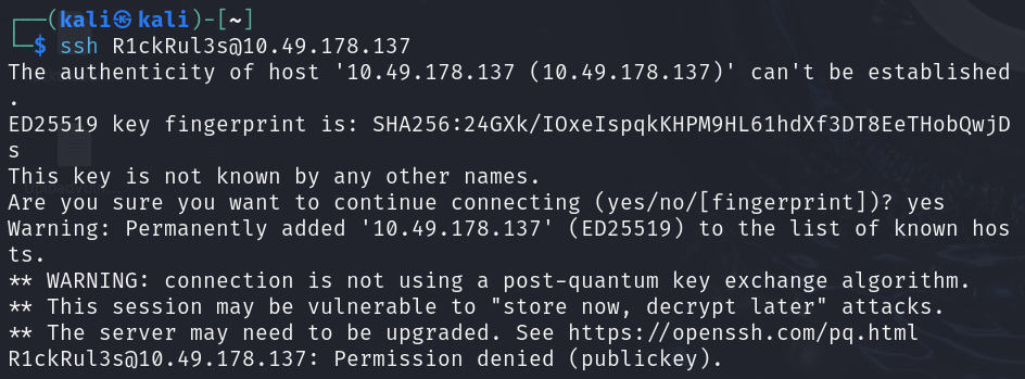 SSH refusing R1ckRul3s with Permission denied (publickey)