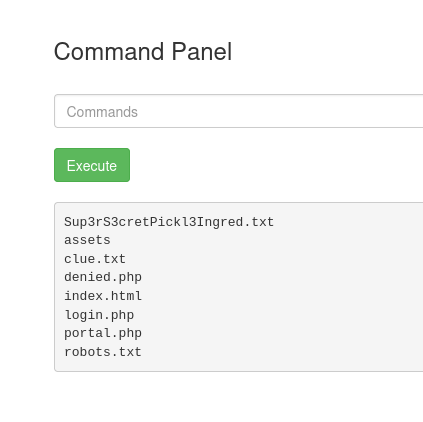 Command Panel output listing files including Sup3rS3cretPickl3Ingred.txt and clue.txt